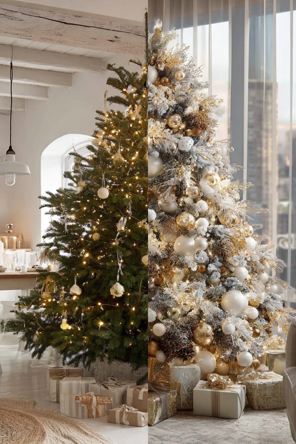 A side by side comparison of a real vs artificial christmas tree