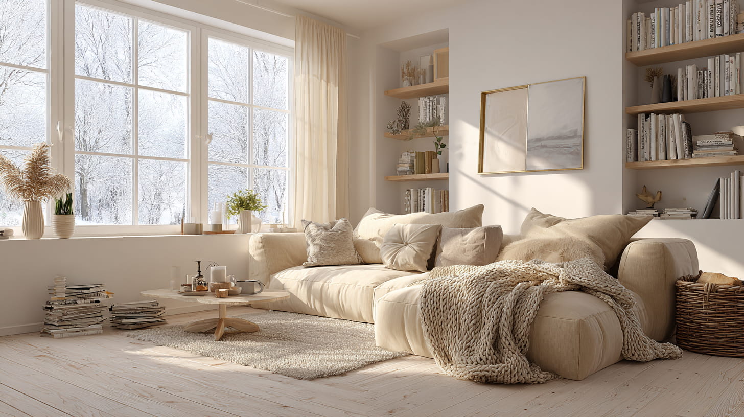 Bright and airy Scandinavian living room ready for post-Christmas cleaning