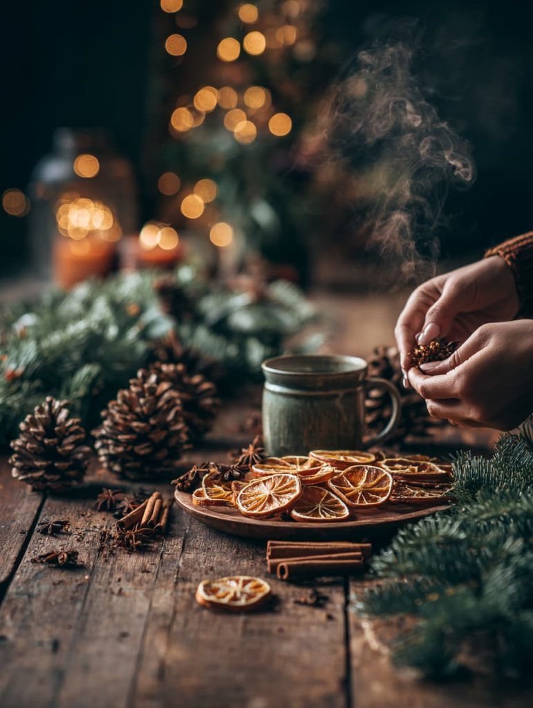 Person holding a festive mug next to pine branches and dried orange slices on a table