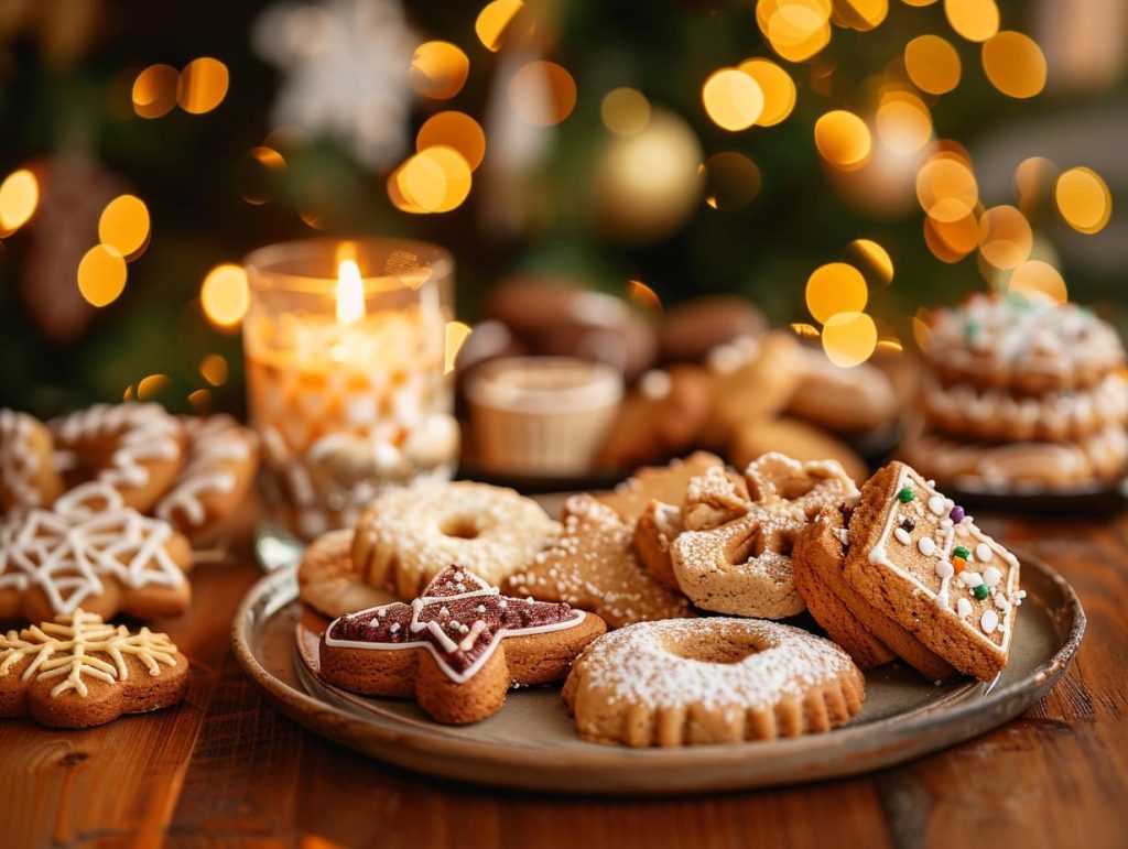Plate of Christmas gingerbread cookies and star-shaped biscuits next to a burning candle