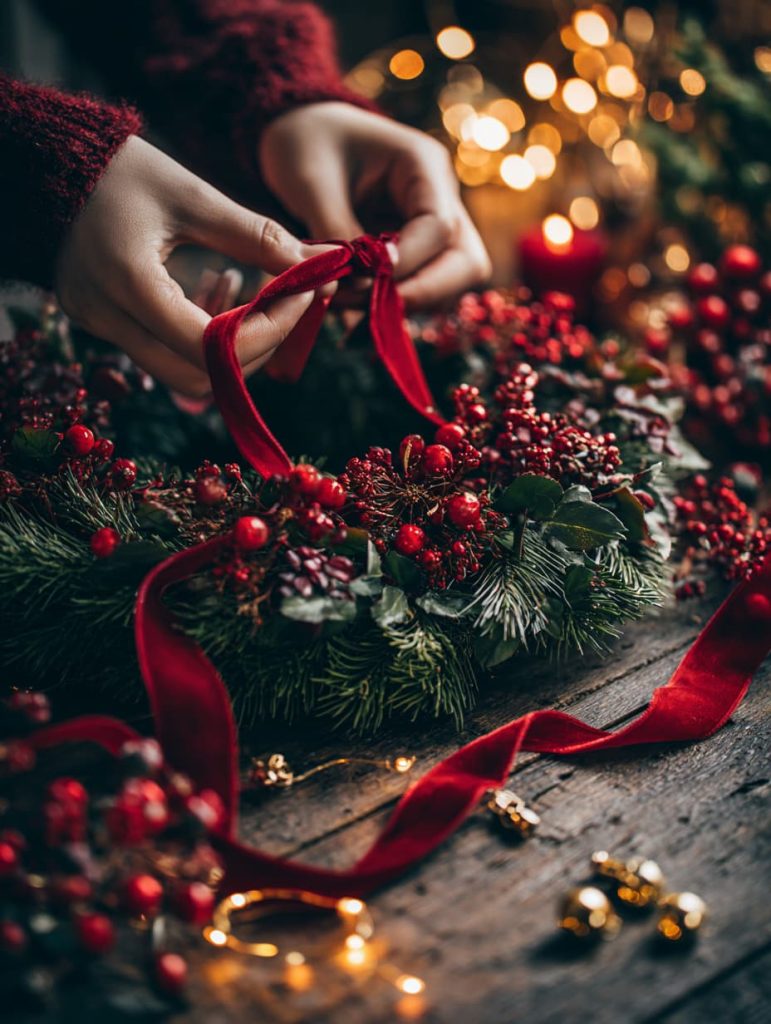 Handmade Christmas DIY decor setup with a green pine wreath and a red velvet ribbon