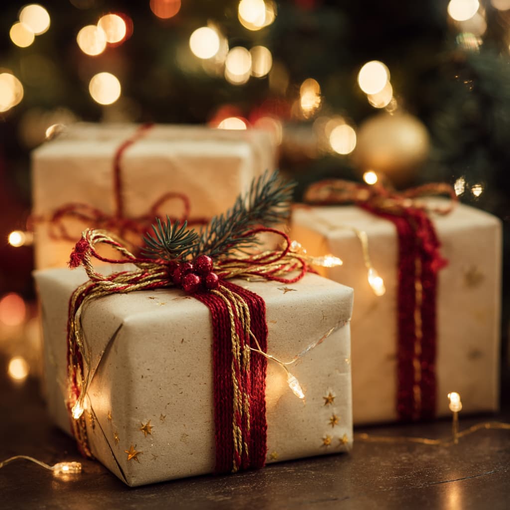 Beautifully wrapped Christmas gifts with gold patterns and red satin ribbons