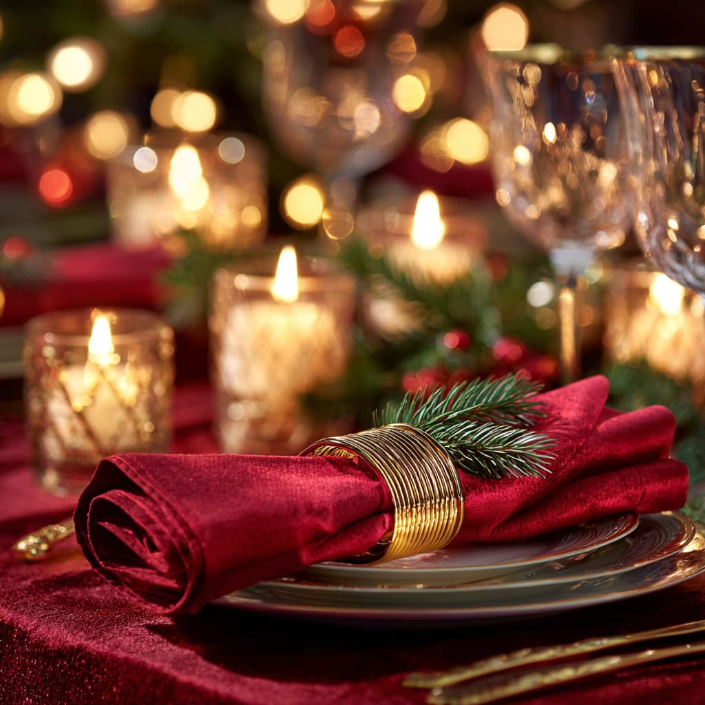Elegant Christmas table setting with a red cloth napkin and golden decorations