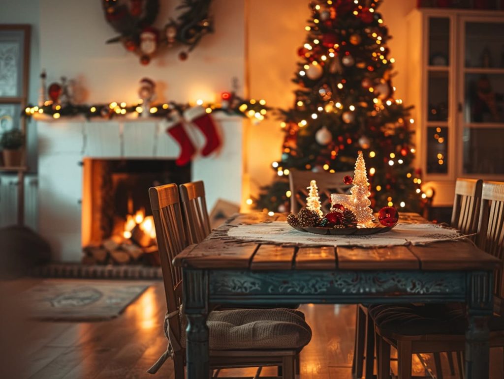 Cozy Christmas living room with a glowing fireplace and a decorated Christmas tree
