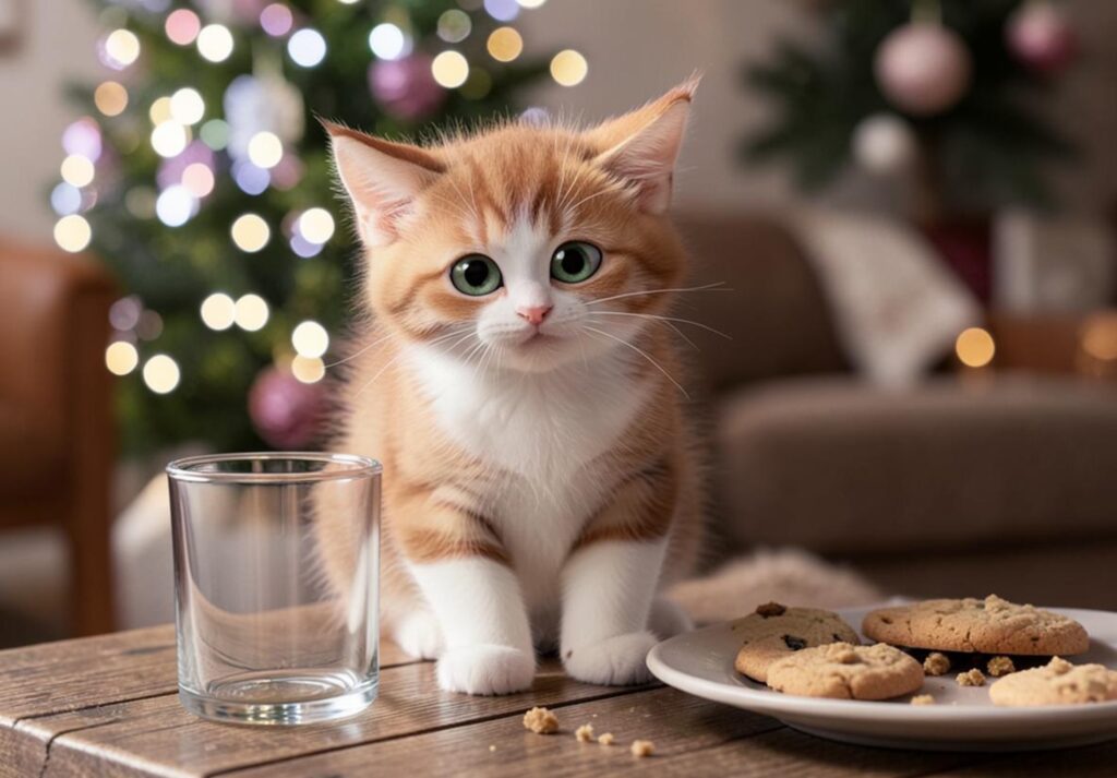 An adorable 3D animated ginger and white kitten sitting on a table next to an empty glass of milk and cookies, for a mystery of milk and cookies Christmas story
