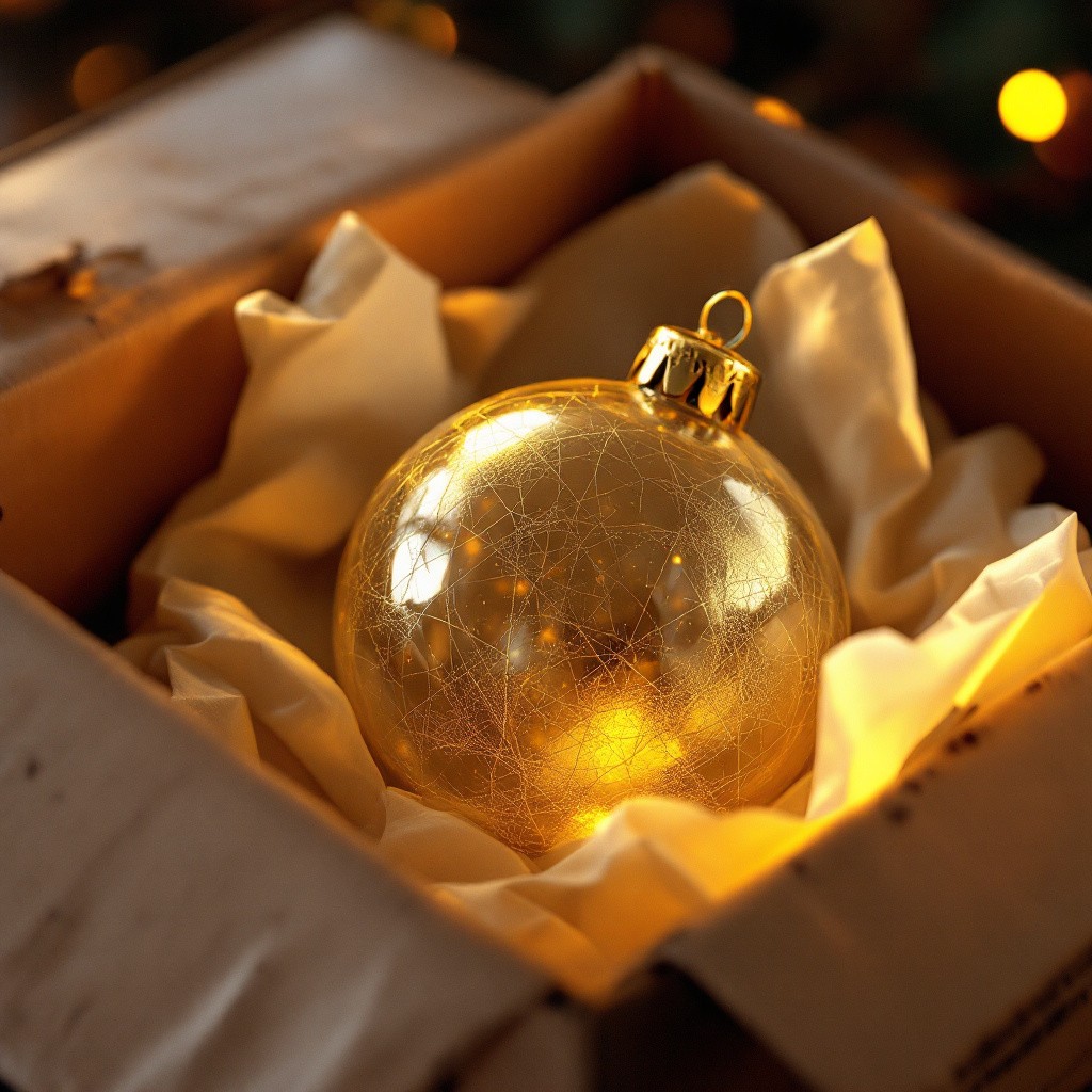 An old scratched vintage glass Christmas bauble with a faded golden pattern inside a cardboard box, from a lonely Christmas bauble story