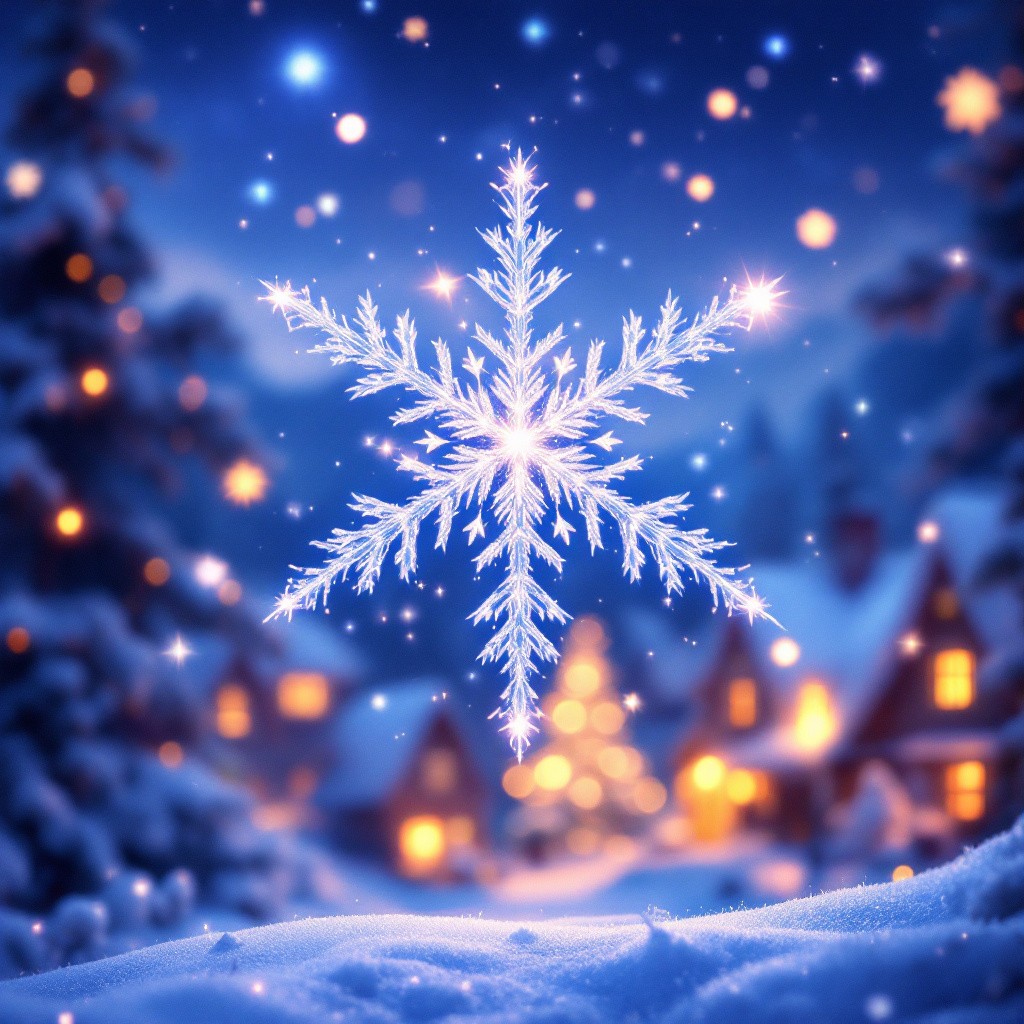 A beautiful detailed sparkling snowflake falling from a starry night sky over a winter village, from a little snowflake Crystal Christmas story