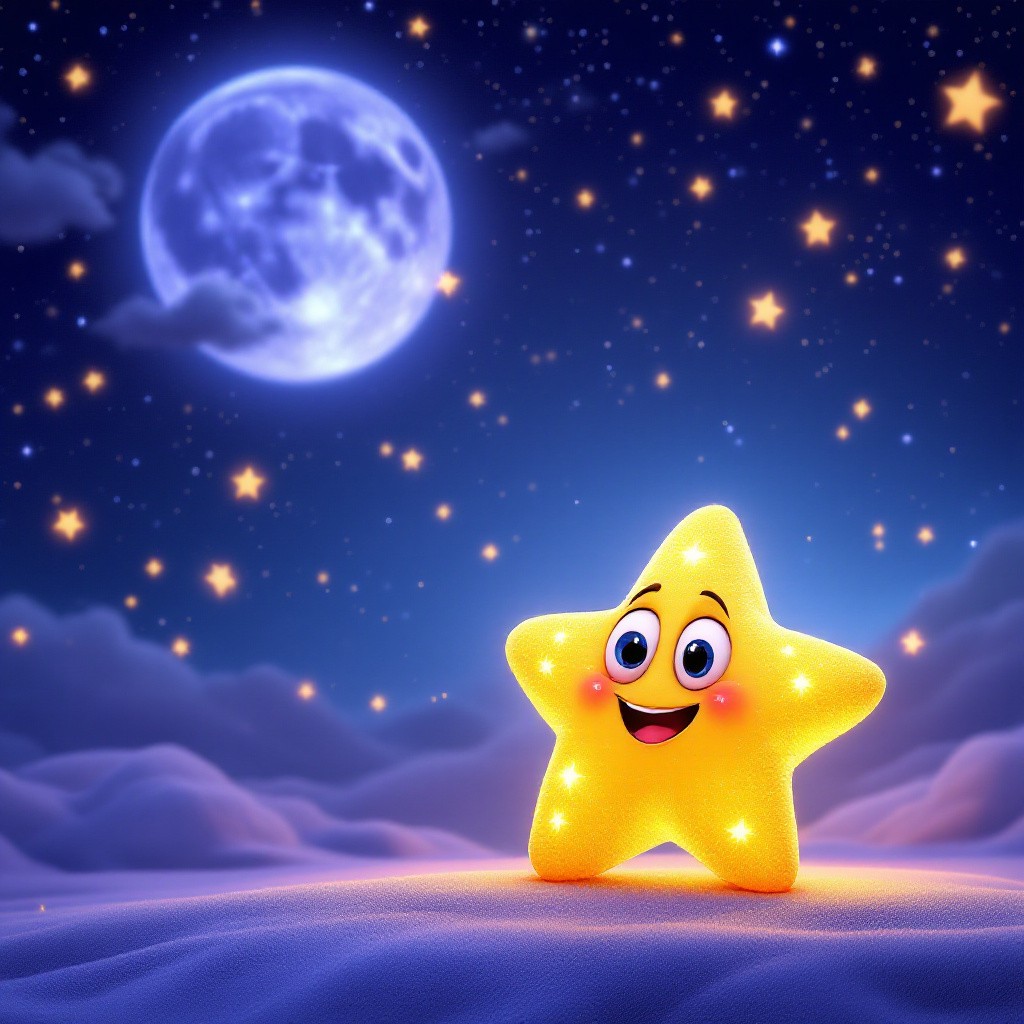 A cute 3D animated little glowing star with big eyes on a dark night sky with a friendly moon, from a magical Christmas star story