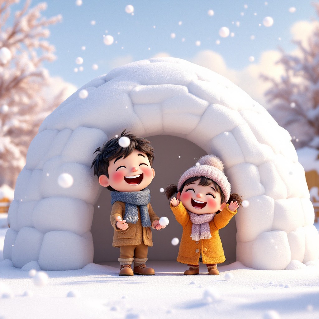 Two cute 3D animated children having a snowball fight next to a large snow igloo, from a Christmas snowball fight story