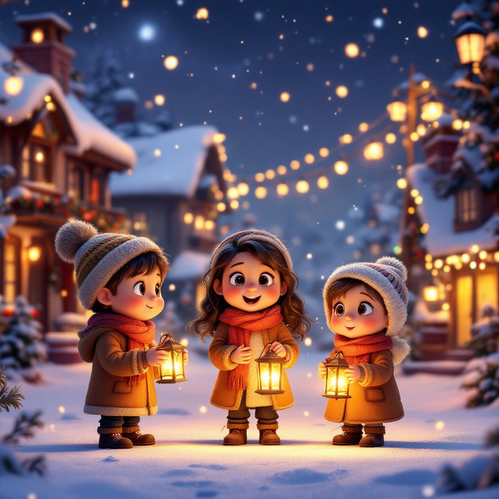 Three cute 3D animated children holding glowing lanterns and singing carols in the snow, from a Christmas carolers story