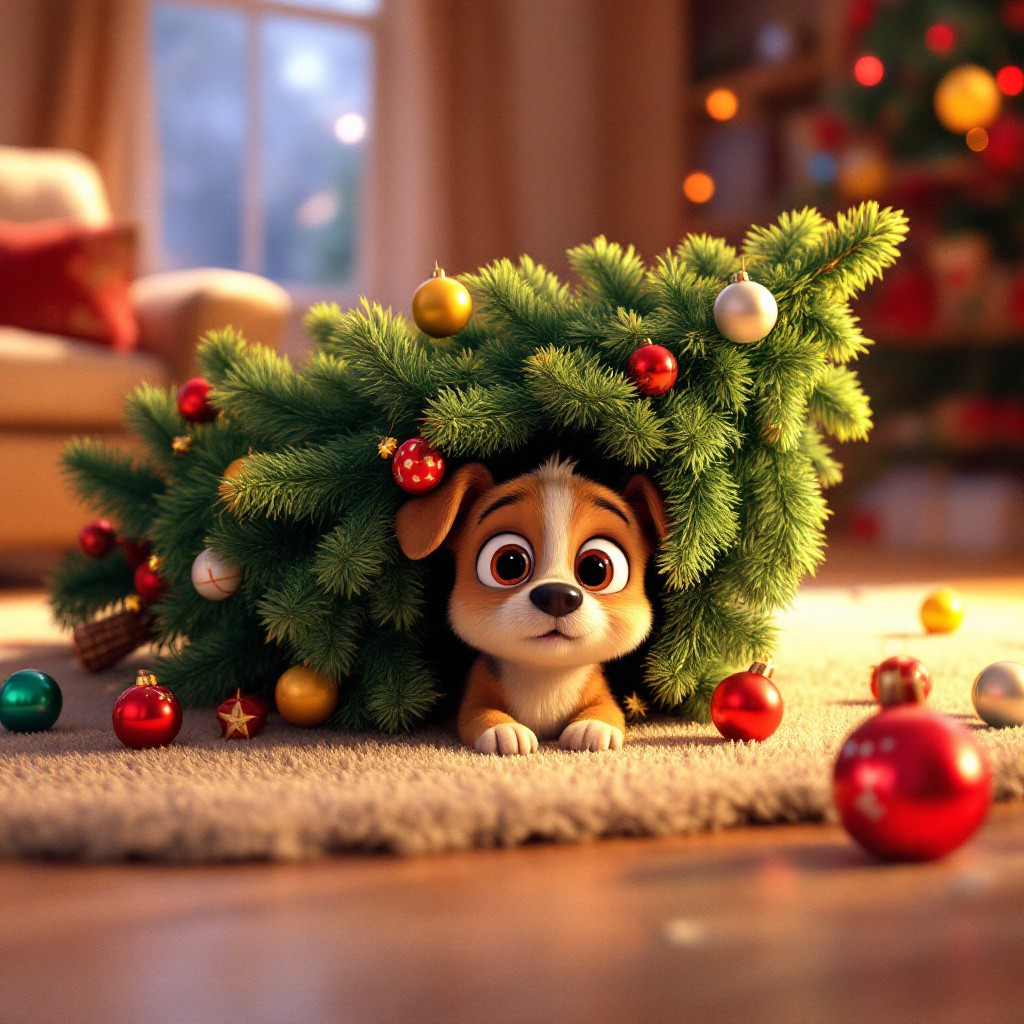 A cute 3D animated small dog named Max looking surprised from under a fallen Christmas tree, from a Christmas pyjama party story