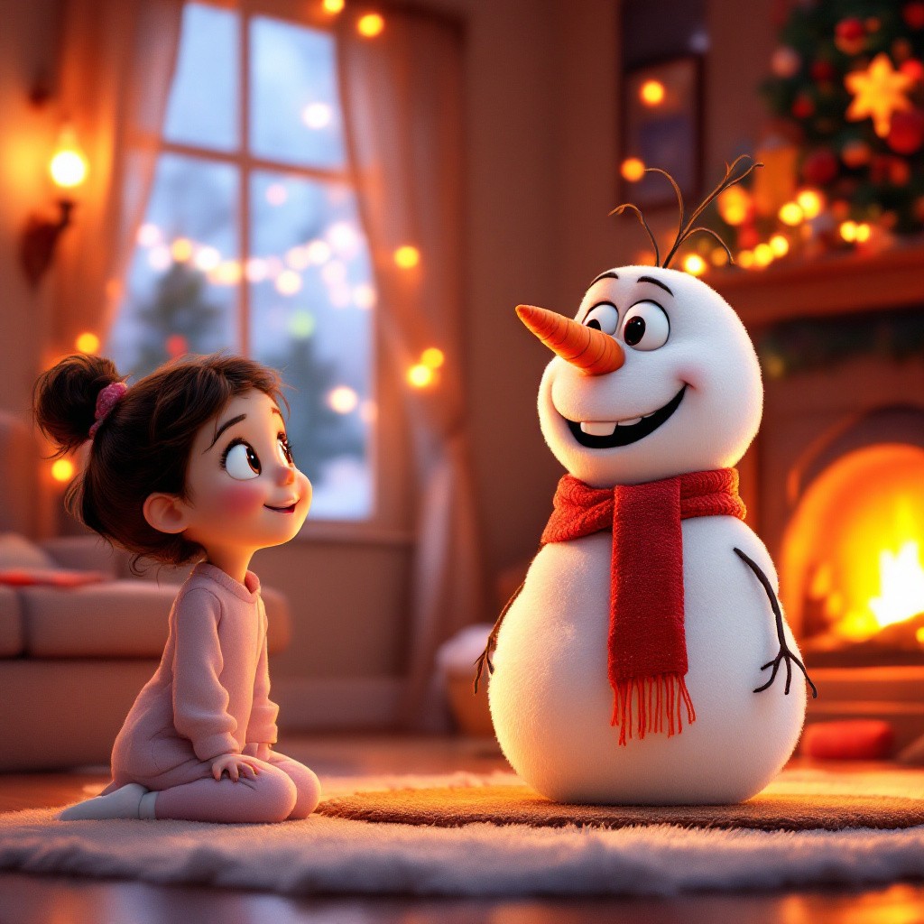 A cute 3D animated snowman named Timy with a red scarf standing inside a living room near a girl, from a snowman Timy Christmas story