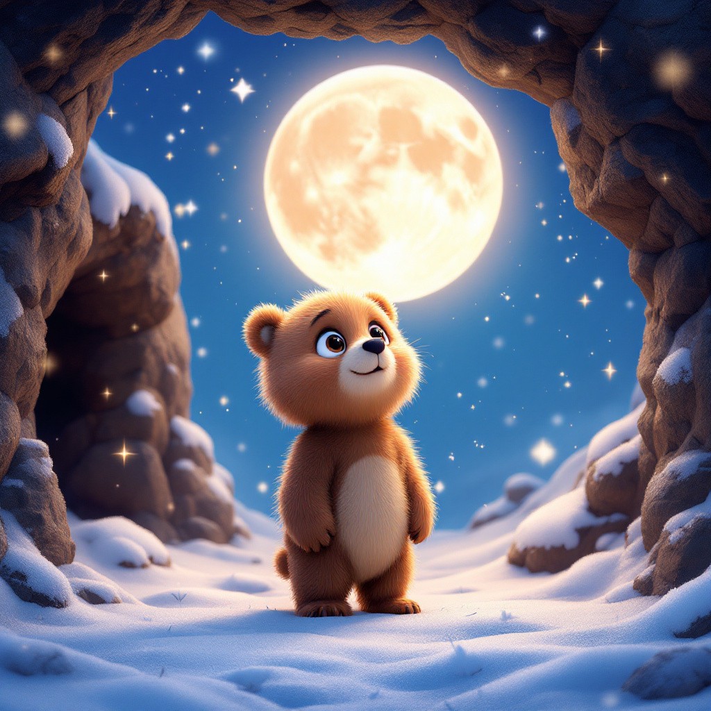 A cute 3D animated little bear cub named Barnaby looking in wonder at the snow at night, from a Christmas bear cub story