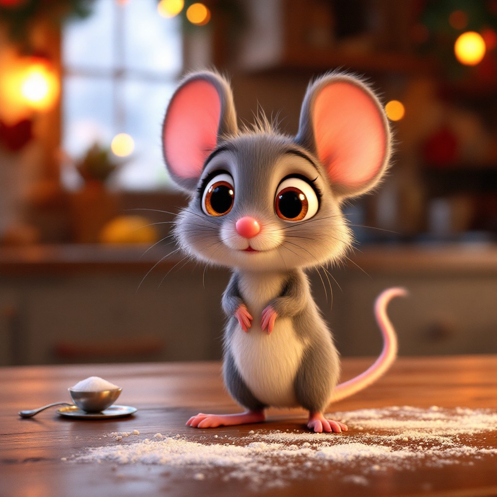 A cute 3D animated little mouse named Crumble standing on a kitchen table next to a spoon, from a Christmas gingerbread cookies story
