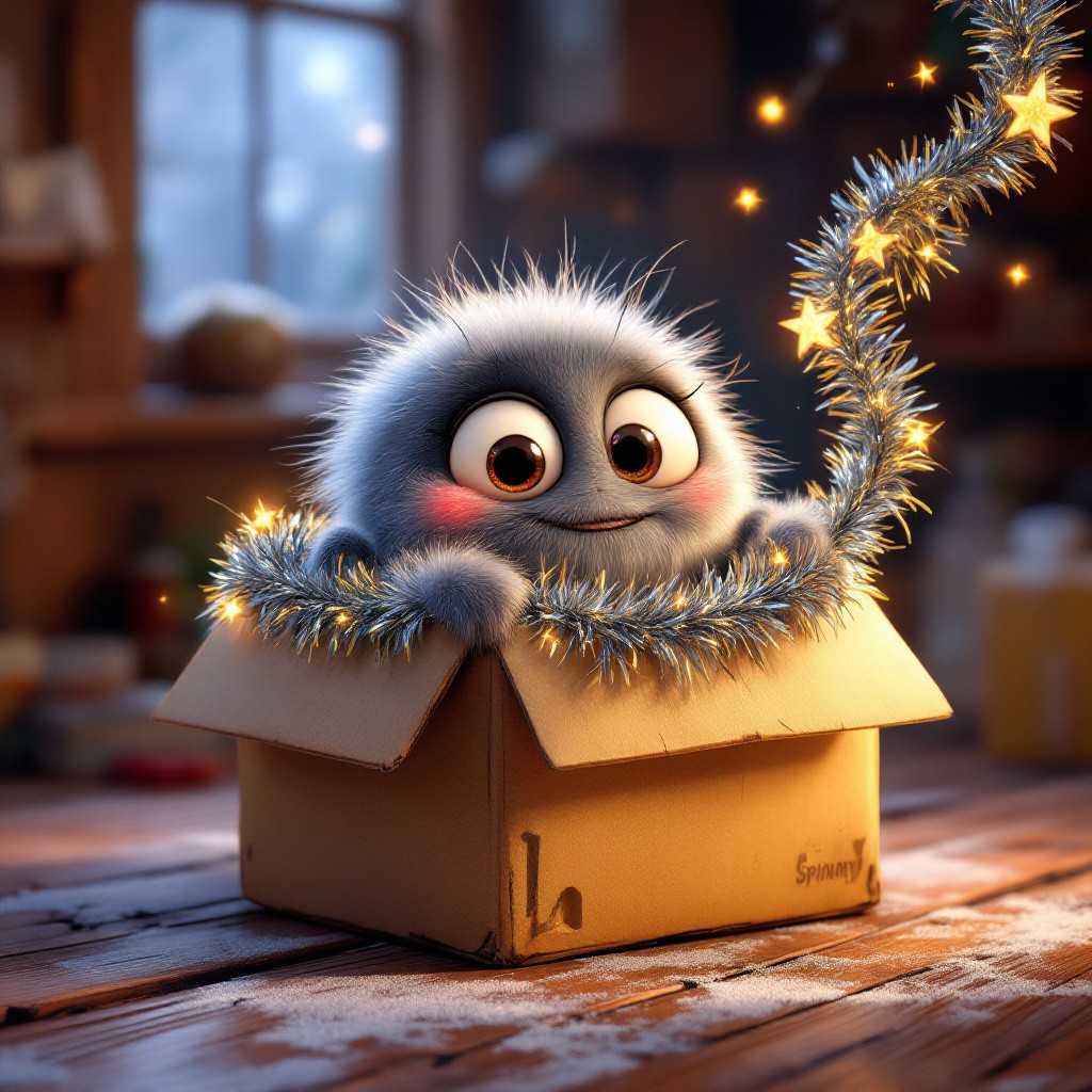 A cute fluffy 3D animated spider named Spinny spinning silver and gold Christmas tinsel inside an old box, from a Christmas spider Spinny story