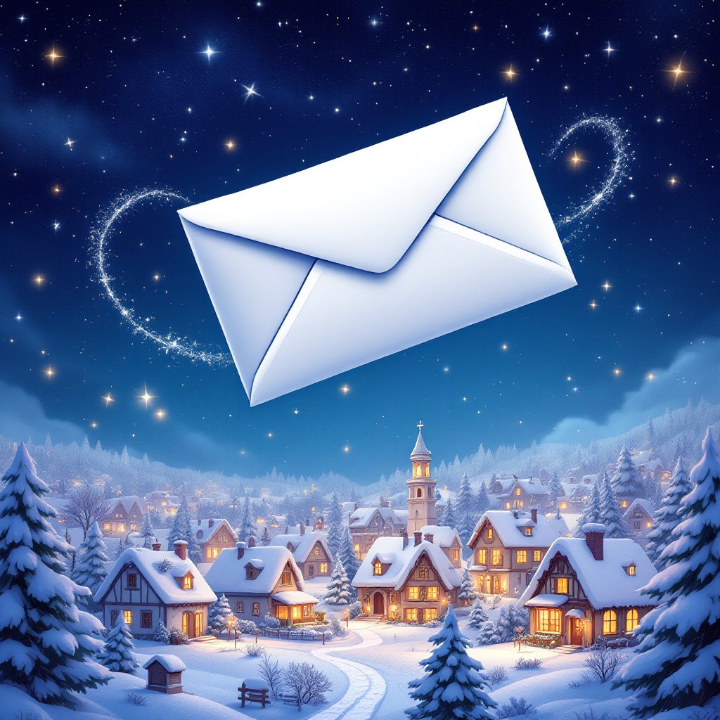A cute 3D animated paper envelope flying in the wind above snowy village houses at night, from a letter to Santa Emma story
