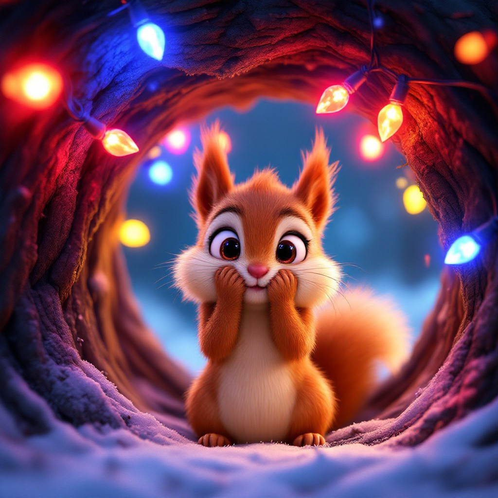 A cute 3D animated squirrel named Ginger covering its eyes from flashing Christmas lights inside a tree hollow, from a ginger the squirrel Christmas story