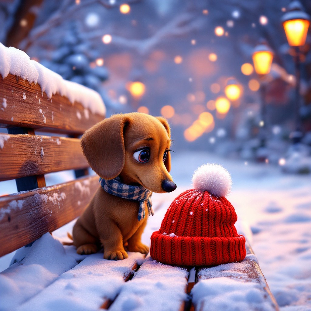 A cute 3D animated dachshund puppy named Benny looking at a red Christmas hat on a snowy bench, from Detective Benny and the Lost Hat story