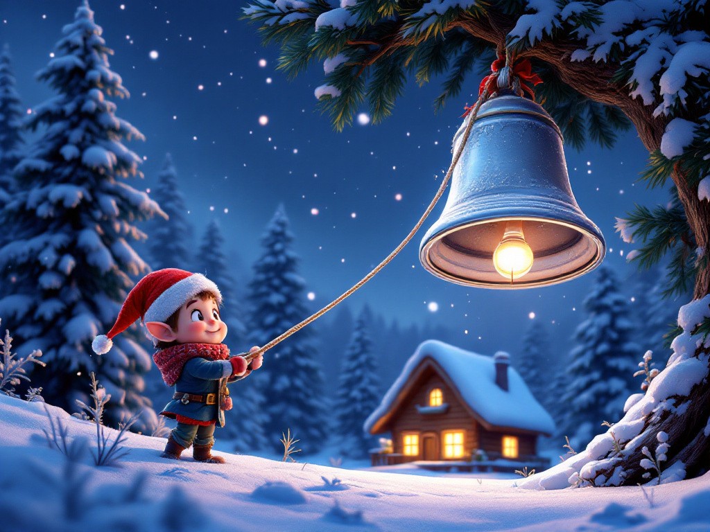 Illustration of Elfik the elf ringing a silver bell in a snowy forest for the Christmas story.