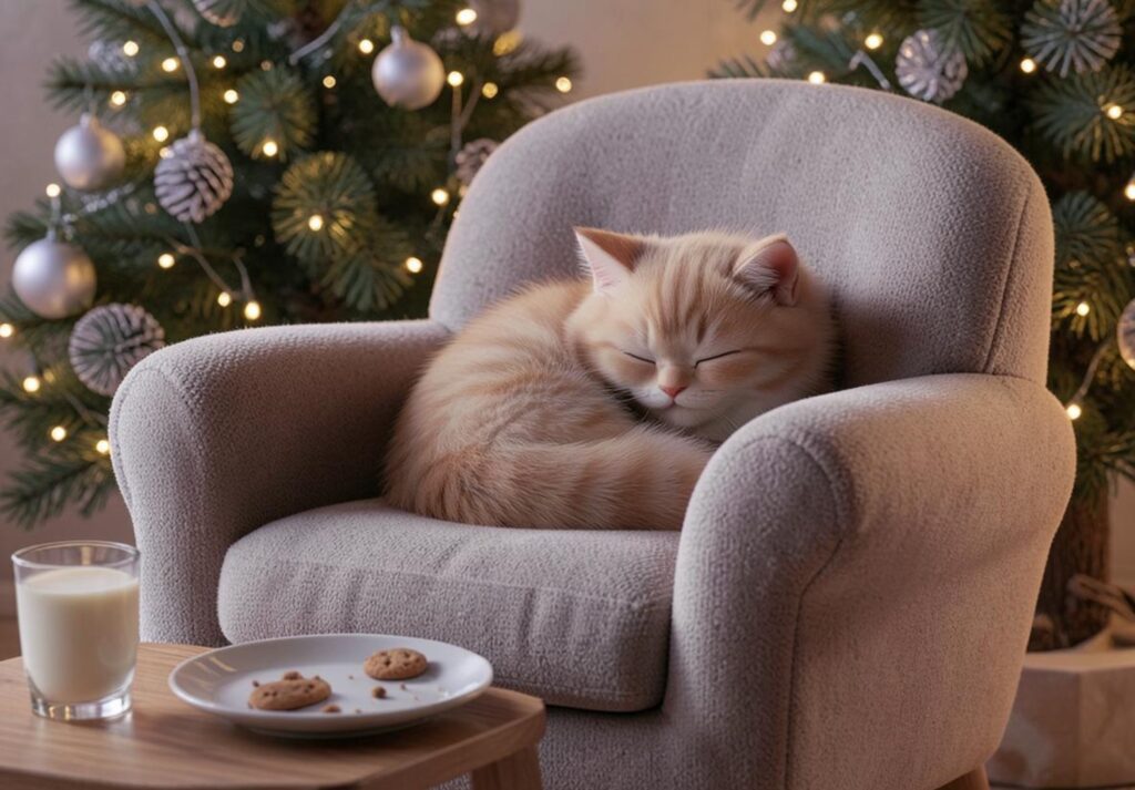 A cute 3D animated kitten sleeping in a cozy armchair near a Christmas tree with cookies and milk, perfect for a Christmas Eve story