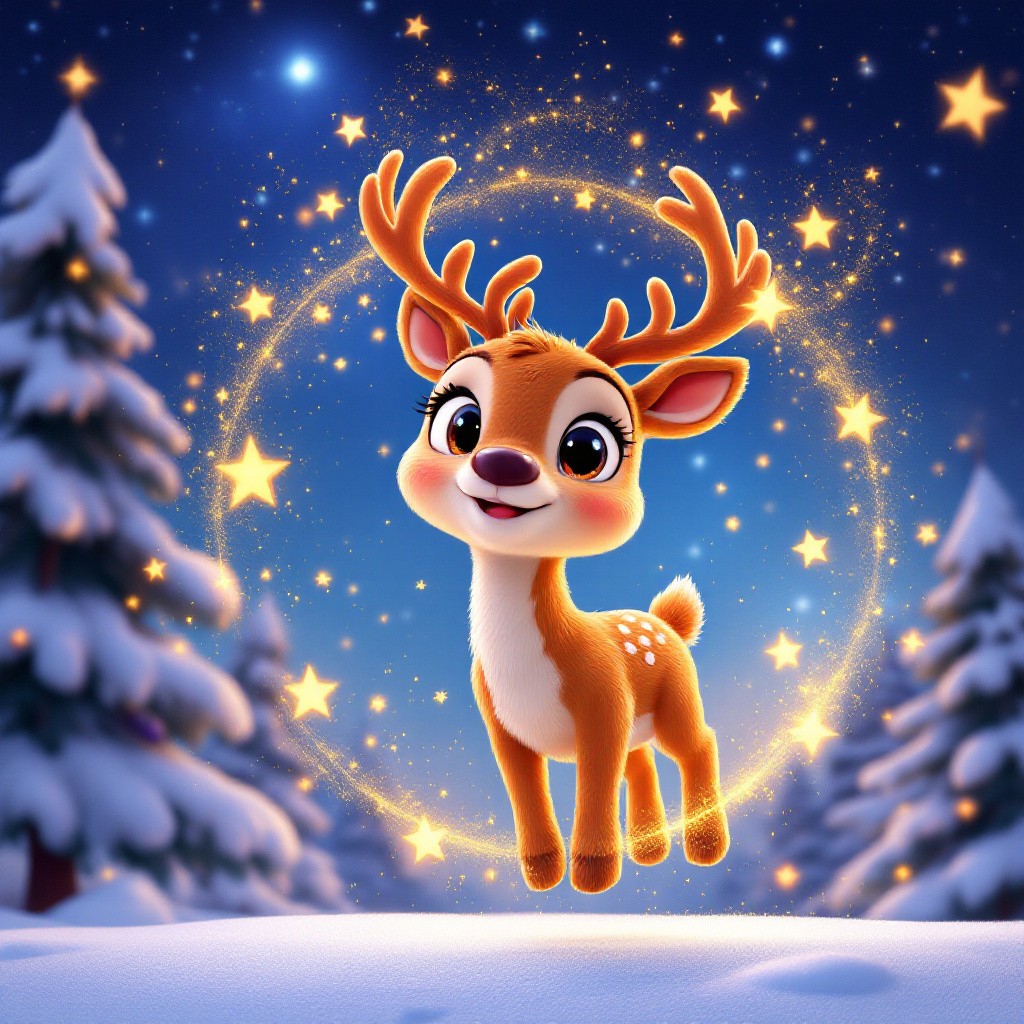 A cute 3D animated young reindeer named Pip floating in swirling golden stardust at night, from a young reindeer Pip Christmas flight story