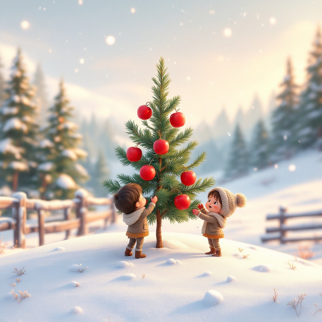 A beautiful small pine tree being decorated with red apples by two children in the snow, from a little pine tree Pinky Christmas story