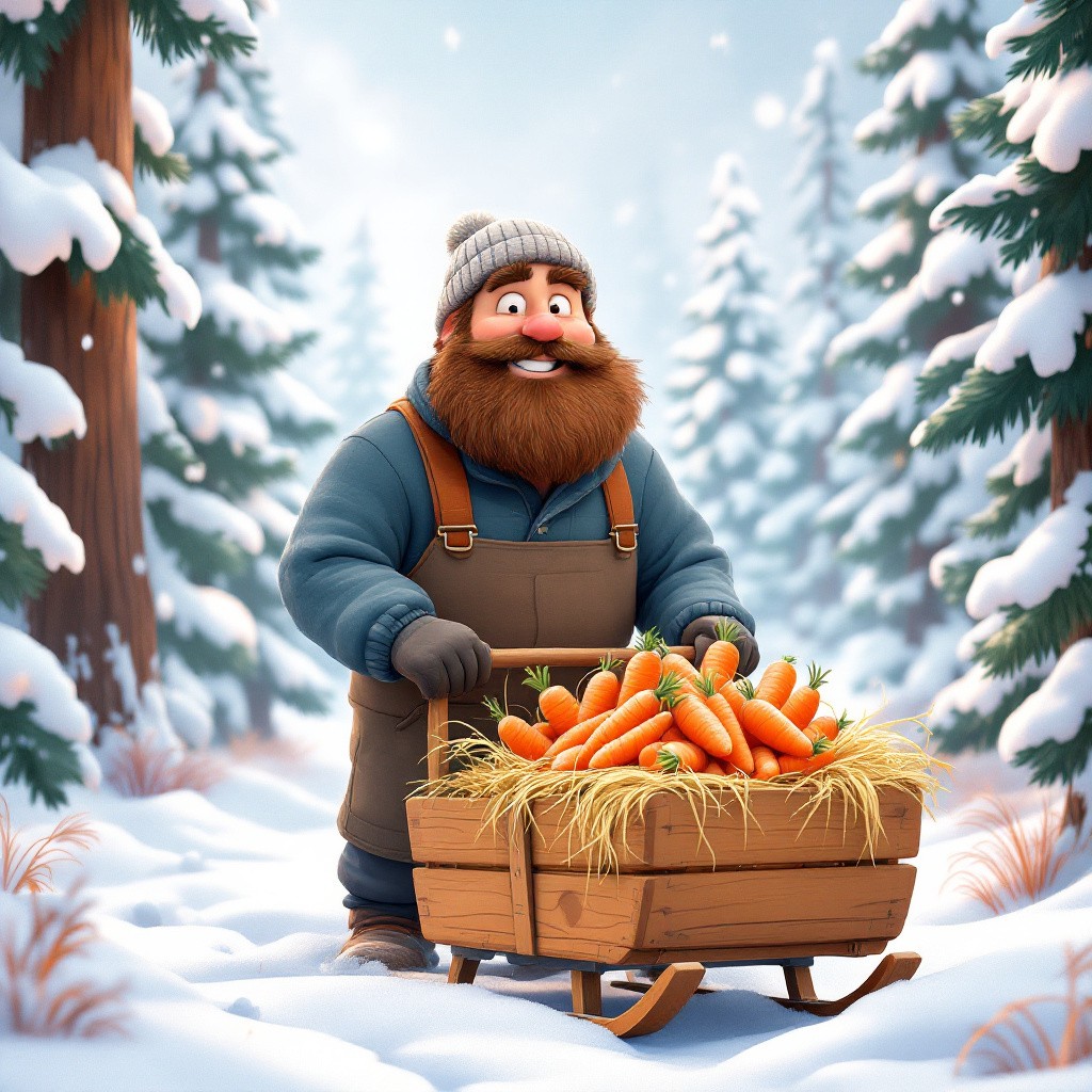 A friendly adult forest keeper pulling a wooden sled with hay and carrots in a snowy woods, from a winter forest keeper story