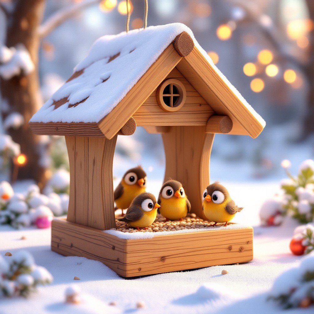A cute 3D animated wooden birdfeeder house with four posts filled with small birds in a snowy garden, from a Christmas birdfeeder story
