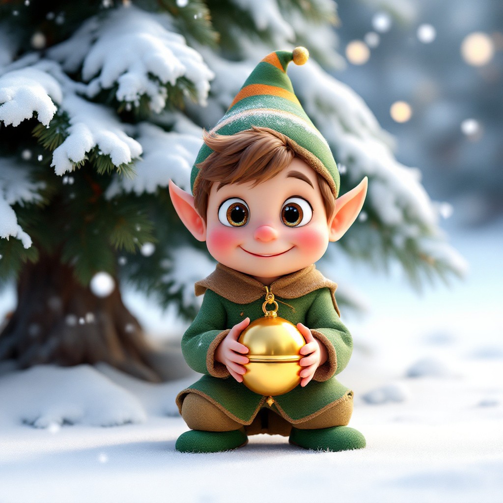 A cute 3D animated Christmas elf named Elfik holding a golden sleigh jingle bell in his hands in a snowy forest