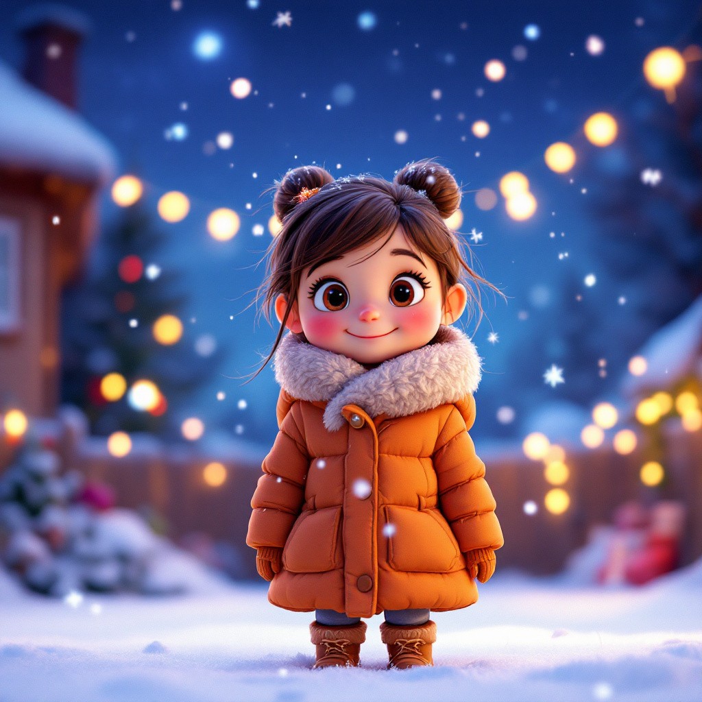 A cute 3D animated little girl named Kate standing in a snowy yard with a magical winter wind blowing around her, from a North Wind Christmas story