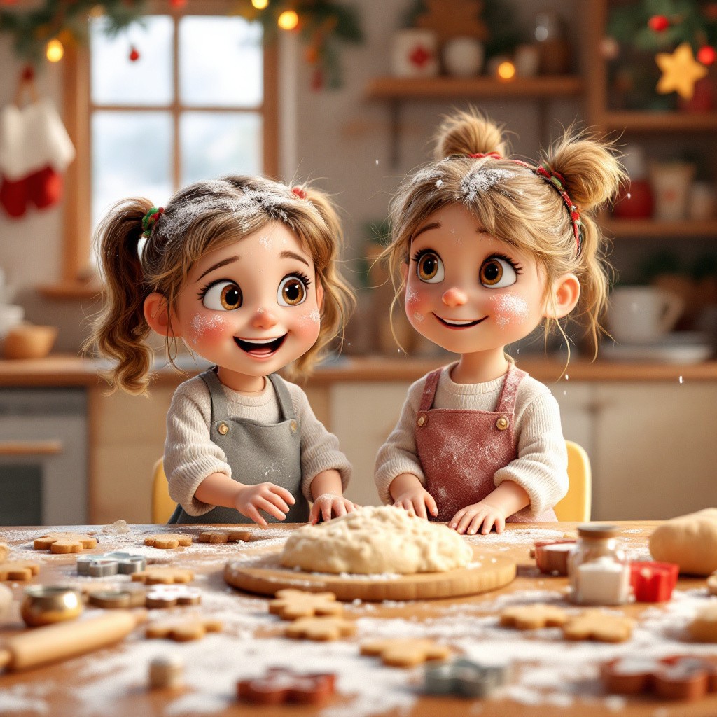 Two cute 3D animated sisters covered in flour making Christmas cookies at a messy kitchen table, from a hot headed Christmas dough baking story