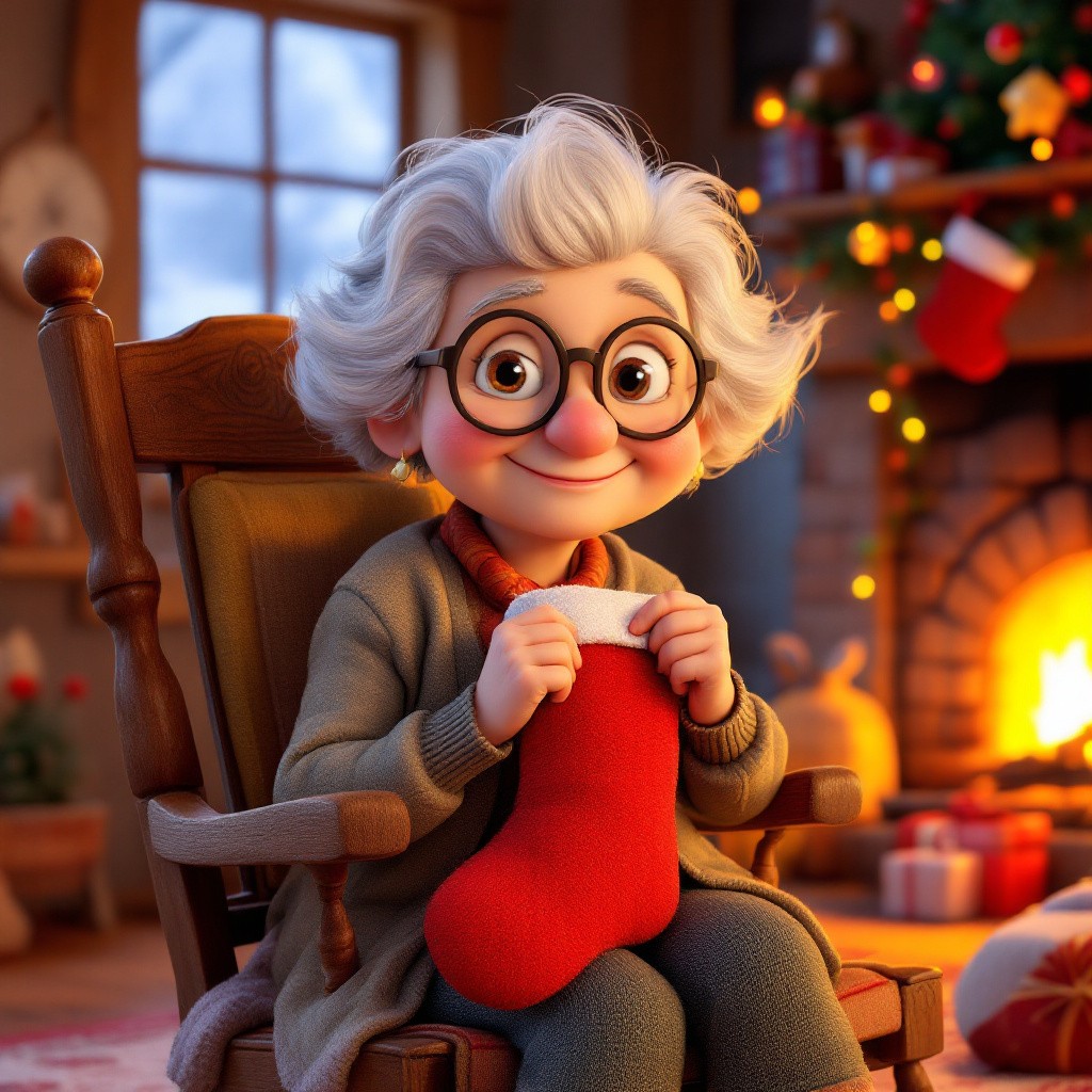 A friendly 3D animated grandmother with glasses sitting in a rocking chair by the fireplace and sewing a red stocking, from a Christmas stocking story